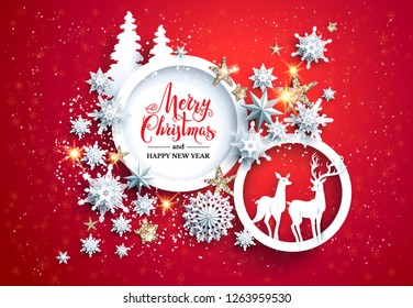 Abstract winter design with snowflakes and deers. Seasonal realistic paper cut holiday card.