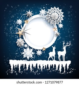 Abstract winter design with snowflakes and deers. Seasonal realistic paper cut holiday card.