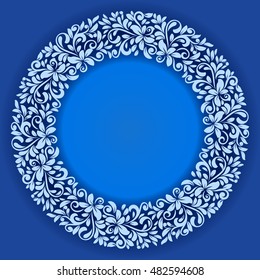 Abstract winter floral frame vector template. Blue and white round ornamental frame for Christmas card design.