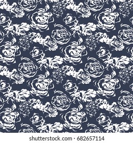Abstract winter flowers concept design seamless pattern on a dark navy blue background
