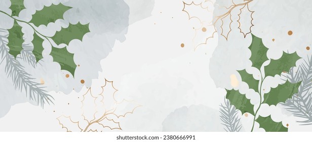 Abstract winter foliage art background vector. Botanical watercolor hand drawn leaves brush line art. Illustration design for wallpaper, banner, print, poster, cover, greeting and invitation card.	