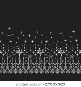 Abstract winter forest border with snowflake patterns, starry night sky and geometric trees, festive holiday background vector illustration