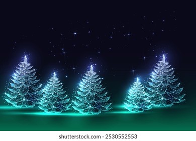 Projeto de floresta de inverno abstrato com pinheiros brilhantes no fundo estrelado azul escuro. Moderno conceito de natureza festiva da noite de Natal. Estilo poligonal baixo. Ilustração de vetor de design de conexão de linhas.