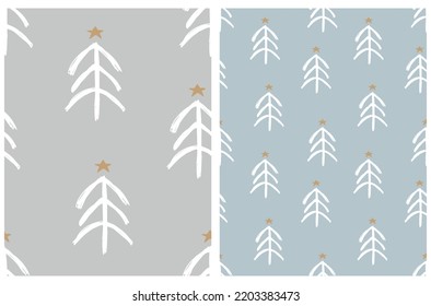 Abstract Winter Forest Vector Patterns. Cute White Christmas Trees Made of Scribbles and Gold Stars Isolated on a Light Gray and Light Blue Background. Irregular Xmas Trees Repeatable Design.