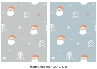 Abstract Winter Forest Vector Patterns. Cute White Christmas Trees Made of Scribbles, Santa Claus and Gold Stars on a Light Gray and Light Blue Background. Irregular Xmas Trees Repeatable Design.