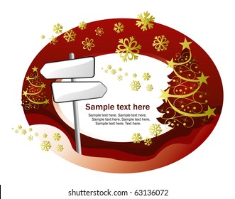 abstract winter golden background with signpost and christmas tree