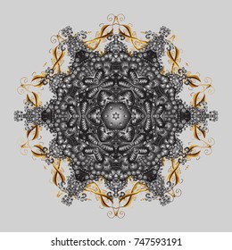 Abstract winter gray, brown and beige ornament. Vector illustration. Fine snowflake. Isolated cute snowflakes on colorful background. Round vector snowflake.