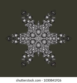 Abstract winter green, gray and brown ornament. Round vector snowflake. Isolated cute snowflakes on colorful background. Fine snowflake. Vector illustration.