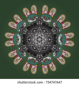 Abstract winter green, gray and white ornament. Fine snowflake. Round vector snowflake. Isolated cute snowflakes on colorful background. Vector illustration.