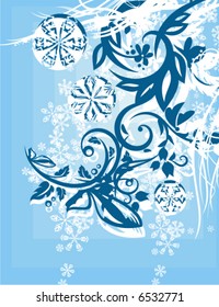 Abstract winter grunge background with floral ornamental details and snowflakes, vector illustration series.