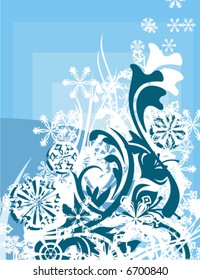 Resumen de fondo de grano invernal con detalles ornamentales florales y copos de nieve, serie de ilustraciones vectoriales.
