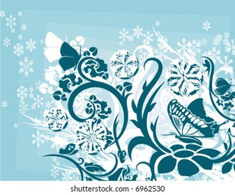 Abstract winter grunge background with floral ornamental details, butterflies and snowflakes, vector illustration series.