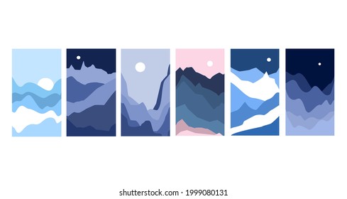 abstract winter hills mountain range scenery, artistic landscape prints set, vector illustration graphic