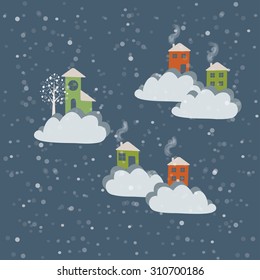 Abstract winter houses on a clouds, template for a card, snowing background