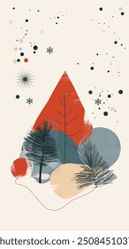  Abstract winter illustration christmas card with pine tree, snowflakes, and geometric shapes in red, blue, grey, and beige tones. Simple shapes, simple lines, low details. Vector illustration