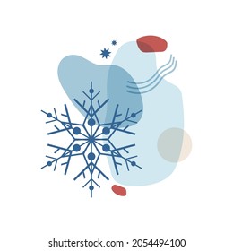 Abstract winter illustration of shapes and snowflakes in blue with a red. Decor for cards, posters, invitations, banners, social networks for Christmas and New Year. Vector isolated on white