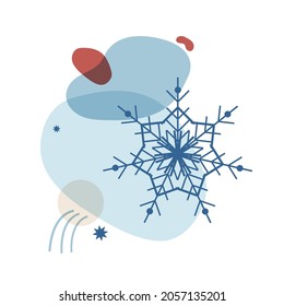Abstract winter illustration of shapes and snowflakes in blue with a red. Decor for cards, posters, invitations, banners, social networks for Christmas and New Year. Vector isolated on white backgroun
