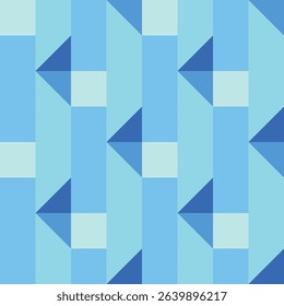 Abstract winter inspired seamless pattern. Frost color palette with shades of blue and off white. Seamless minimalist geometric background featuring rectangles, squares, and triangles. Vector, EPS 10.
