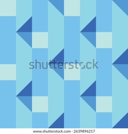 Abstract winter inspired seamless pattern. Frost color palette with shades of blue and off white. Seamless minimalist geometric background featuring rectangles, squares, and triangles. Vector, EPS 10.