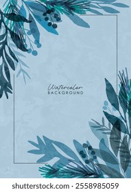 Abstract winter inter with leaves. Cold blue colors. Abstract watercolor background. Winter background vector. Hand painted watercolor