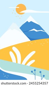 Abstract winter landscape with blue and white mountains, yellow hills and plants vector illustration