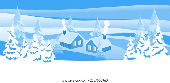 Abstract winter landscape with firs and houses