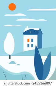 Abstract winter landscape with house on hill, tree and field with snow and ice vector illustration