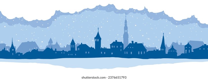 Abstract winter landscape with old town. Narrow vector illustrations, Christmas wallpaper.	