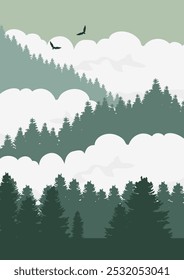 Composição abstrata de cartão postal de paisagem de inverno. Montanha floresta paisagem nublada ilustração plana