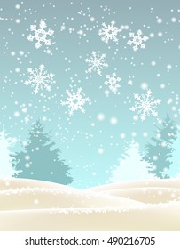 Abstract winter landscape in sepia and blue colors with snowflakes, vector illustration, eps 10 with transparency and gradient meshes