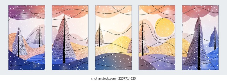 Resumen del paisaje invernal. Un conjunto de antecedentes invernales para las historias de los medios sociales. Banner vertical y papel tapiz para teléfono.