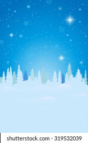 Abstract winter landscape with snow, forest and starry night sky - vector illustration