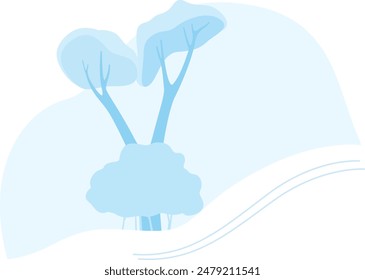 Abstract winter landscape. Snowy blue trees. Gentle hilly horizon. Winter scene background. Soft blue hues. Tranquil snowy terrain. Simplistic artwork. Minimalist design. Cold periwinkle forest