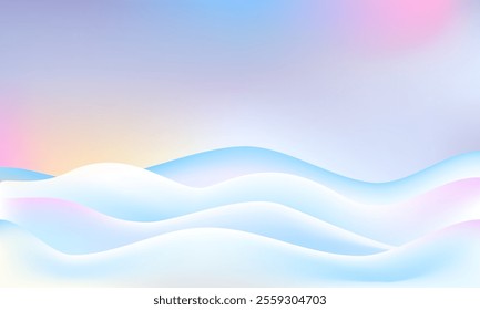 Abstract winter landscape with soft hills and pastel sky with sunset and northern lights. Winter background, banner, digital design. For e-card, presentations, wallpapers