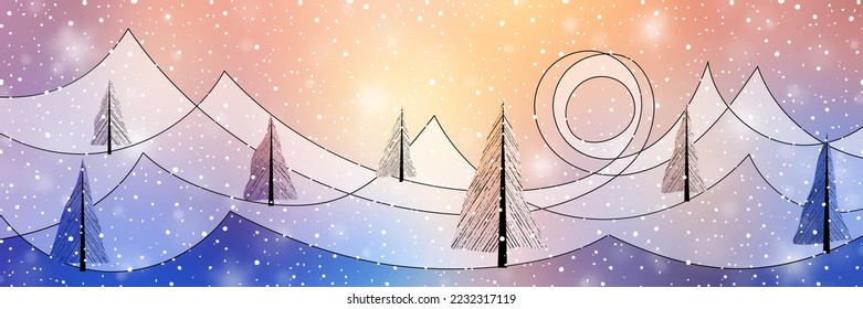 Abstract winter landscape, stylized mountains, trees and sun, holiday illustration, panoramic view