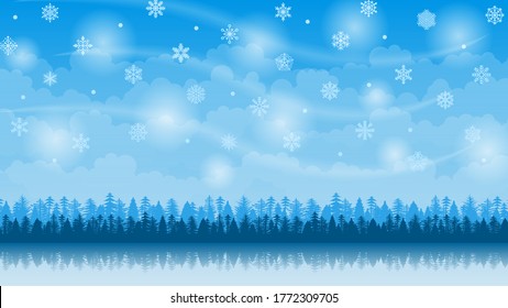 Abstract Winter Landscape With Trees Forest Snowflakes Vetor Design Style