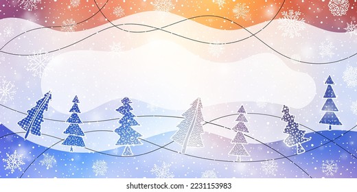 Abstract winter landscape, trees and snowflakes, holiday frame, vector illustration