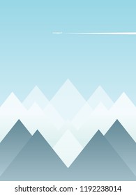 Abstract winter landscape vector postcard with snowy mountains and blue sky with plane flying over. Winter and Christmas holiday season banner, poster. Eps10 vector illustration.