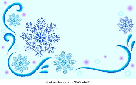 Abstract winter light blue background with snowflakes and frost patterns