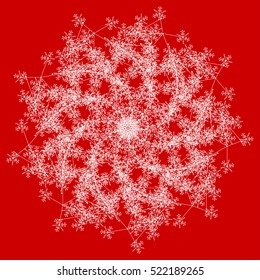 Abstract winter mandala or complicated snowflake. Geometrical illustration isolated on red background.