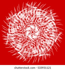 Abstract winter mandala or complicated snowflake. Geometrical illustration isolated on red background.