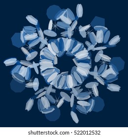 Abstract winter mandala or snowflake. Geometrical kaleidoscopic illustration in blue colors.