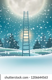 Abstract winter motive, snowy forest with big moon and abstract ladder, vector illustration, eps 10 with transparency