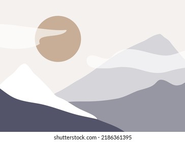 Abstract winter mountains and hills illustrations in modern minimalists style. Contemporary landscape with snow-capped peaks is perfect for social media, site, wall art, posters, cards, print
