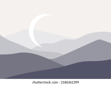 Abstract winter mountains and hills illustrations in modern minimalists style. Contemporary landscape with snow-capped peaks is perfect for social media, site, wall art, posters, cards, print