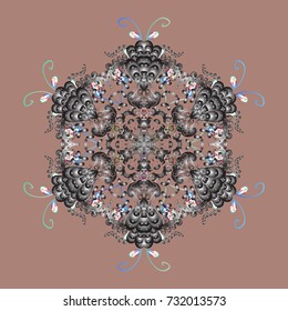 Abstract winter neutral, gray and white ornament. Vector illustration. Round vector snowflake. Fine snowflake. Isolated cute snowflakes on colorful background.
