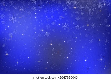 Abstract winter night sky vector illustration. Dark blue background with shiny stars falling snowflakes sparkling in cosmic space. Celestial universe creating magical fantasy atmosphere