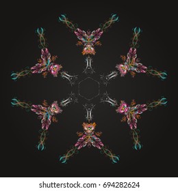 Abstract winter ornament. Fine snowflake. Isolated cute snowflakes on colorful background. Vector illustration. 