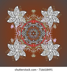 Abstract winter ornament. Isolated cute snowflakes on colorful background. Round vector snowflake. Vector illustration. Fine snowflake.