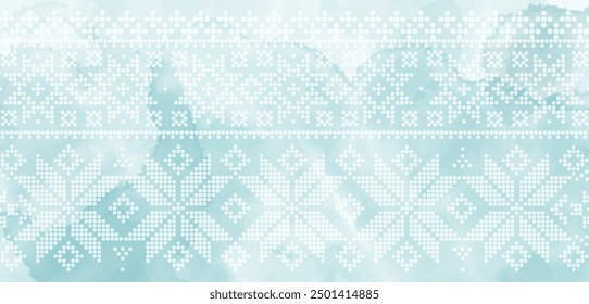Abstract winter ornament on blue watercolor background. Scandinavian theme. Geometric Christmas decor of polka dots.Template design for text, packaging and prints.